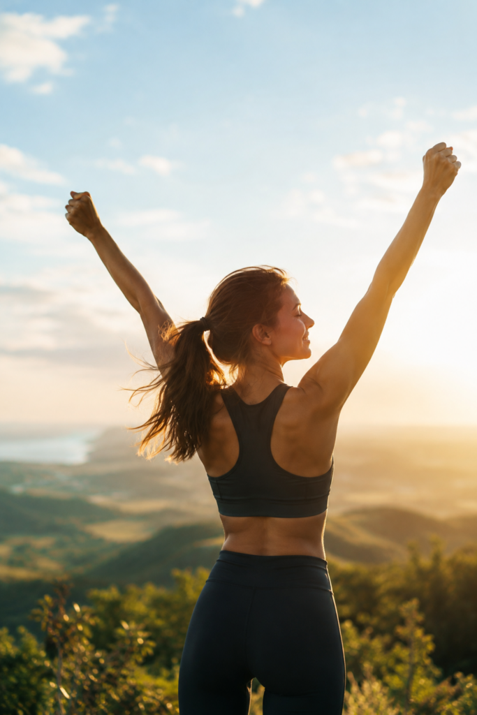 Préparation physique – énergie, confiance et progression Femme sportive exprimant énergie et confiance après une activité physique
